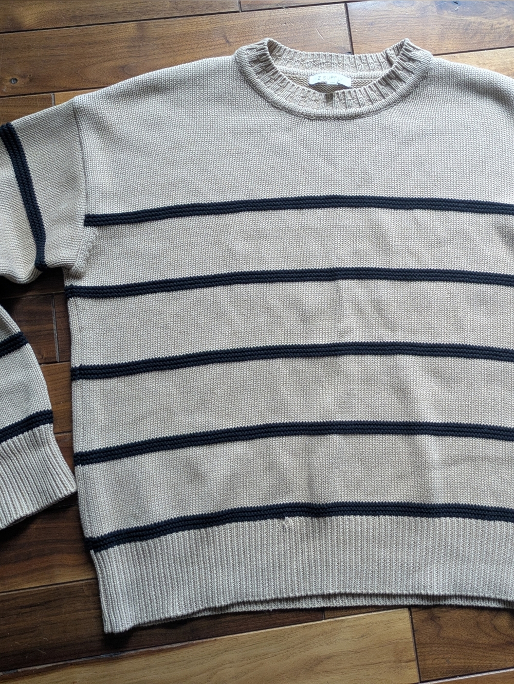 Z Supply 100% Cotton Beige Crewneck Sweater with Navy Stripes